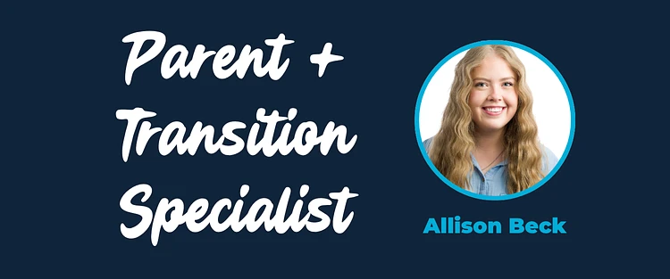 The image features the text "Parent + Family Coordinator" alongside a photo of a smiling person named Allison Beck on a dark background.